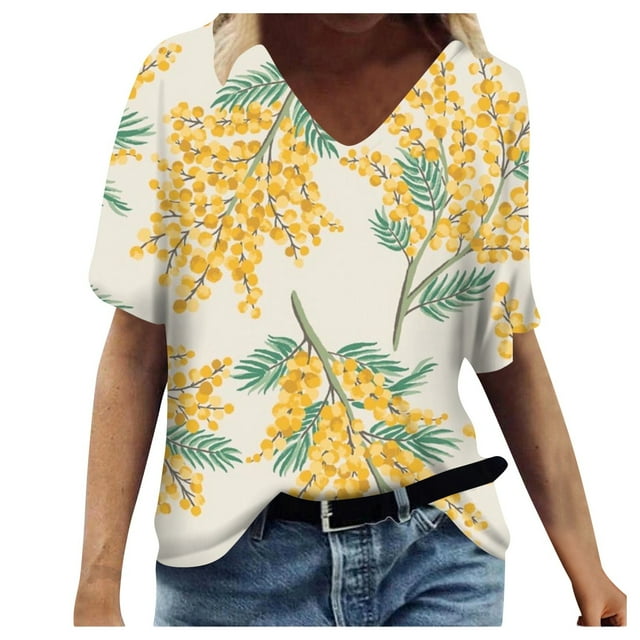 TSADFHJI Chemise à Manches Longues Femme Lot de 3 Chaude T-Shirt d'Été pour Femme Mode Personnalité Fleur Col en V T-Shirt à Manches Courtes TTG Jaune