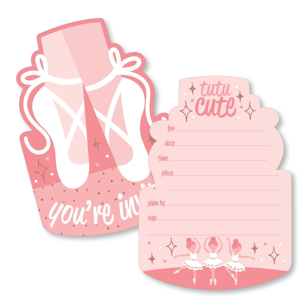 Tutu Cute Ballerina Shaped Fill-In Invitations - Ballet Birthday or Baby Shower Invitation Cards with Envelopes Set of 12 -