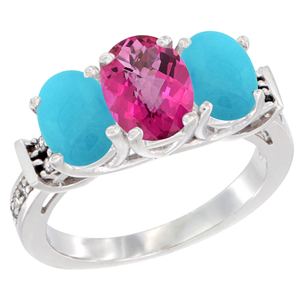 14K White Gold Natural Pink Topaz & Turquoise Sides Ring 3-Stone Oval Diamond Accent, sizes 5 10 by WorldJewels
