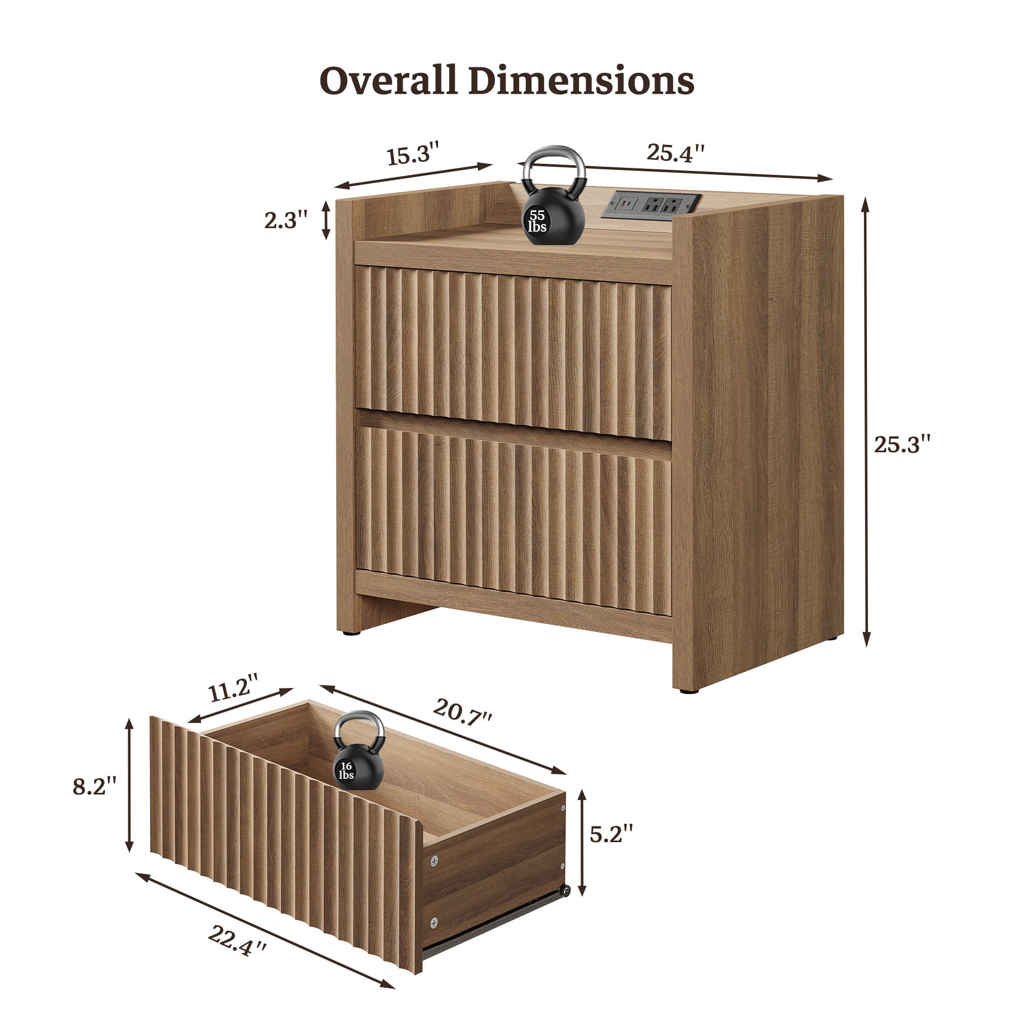 SICOTAS 25.4" Wide Nightstand Set of 2 with Charging Station, Modern Night Stand  with  2 Fluted Drawer & Handle-Less Storage Farmhouse Bed Side Table  for Bedroom, Natural Oak