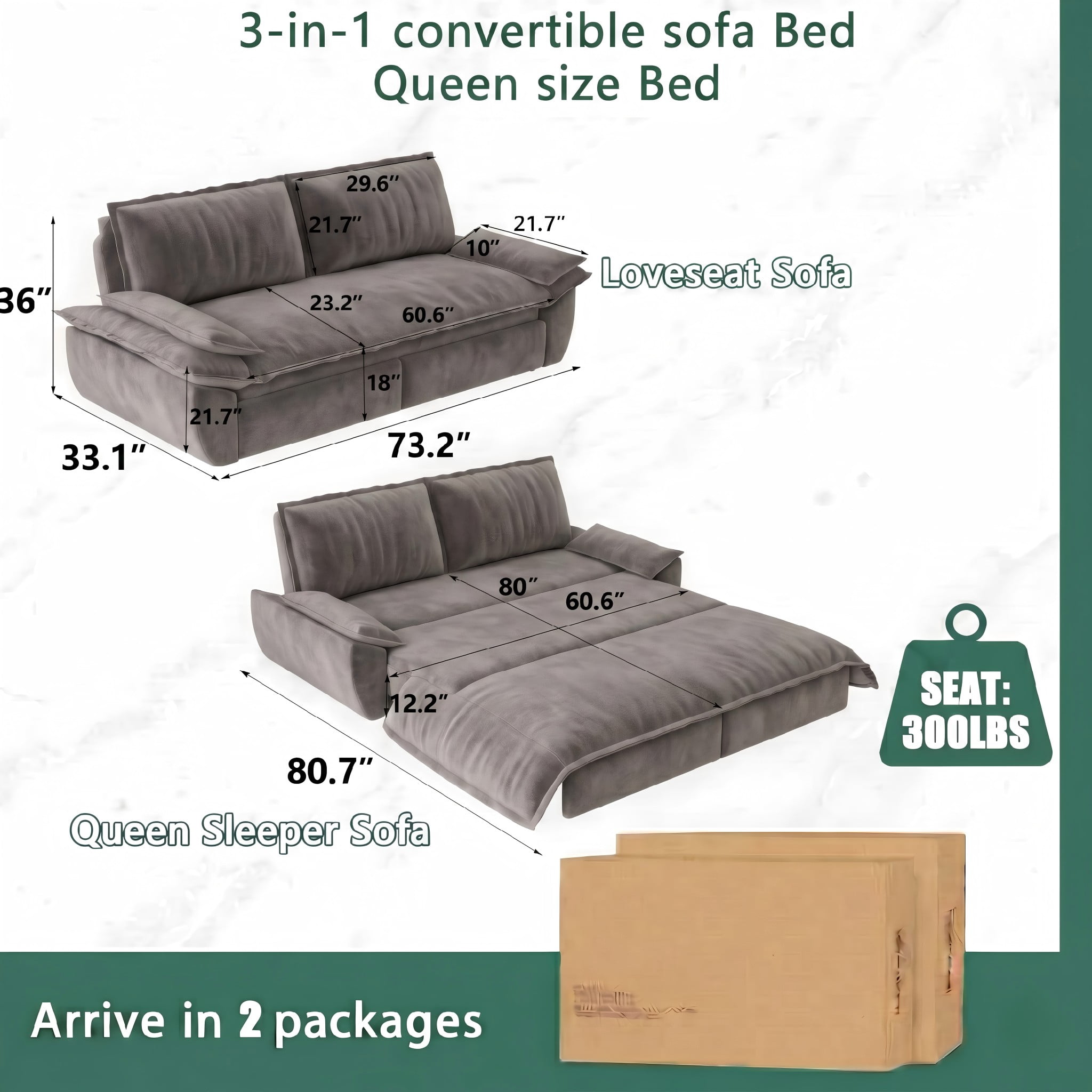 Multi-Functional Velvet 3-in-1 Convertible Sofa Bed, Queen Size Sleeper Loveseat with 2 Pillows, Light Gray