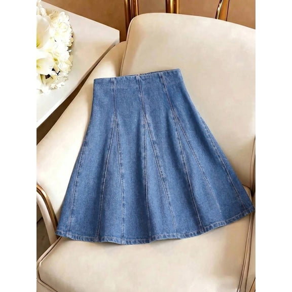Womens Blue Pleated A-Line Denim Skirt Casual Mini Skirt