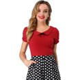 thumbnail image 3 of INSPIRE CHIC Women's Flat Collar Short Sleeve Elastic Cuff Bow Decor Blouse Top Red L, 3 of 6