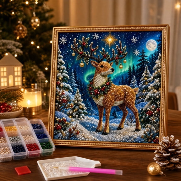 DIY Christmas Reindeer Pearl Bead Painting Kit, Unframed Canvas Rhinestone Art Set with Instruction Manual, Festive Craft Kit for Adults, Decorative Wall Art for Decor