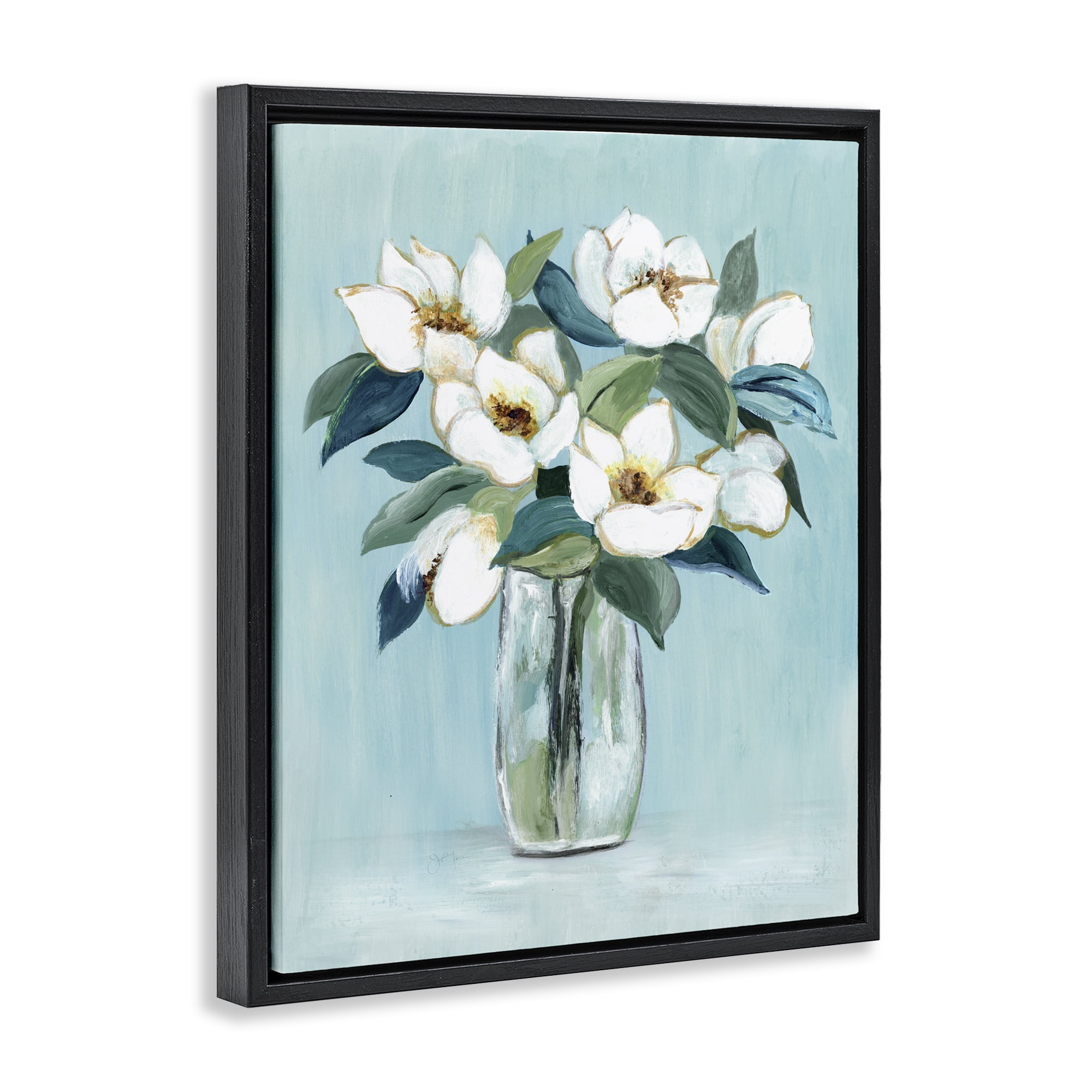Stupell Industries Magnolia Blossoms on Blue Black Framed Floater Canvas Wall Art, design by Janet Tava