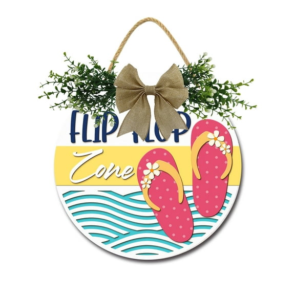 Flip Flop Zone Front Door Sign Funny Wreaths Hanging Wooden Plaque Decoration Round Rustic Wood Farmhouse Porch Decor for Home Front Door Decor, 11 x 11 Inch