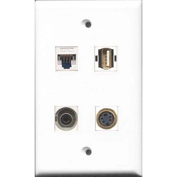 RiteAV 1 Port USB A-A and 1 Port S-Video and 1 Port 3.5mm and 1 Port Cat5e Ethernet White Wall Plate