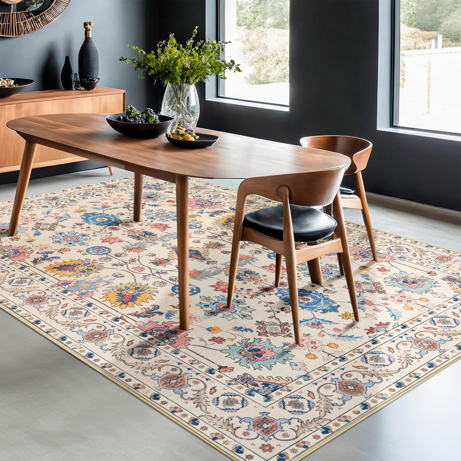 Wondo 4x6 Vintage Bohe Washable Beige Area Rug for Living Room, Bedroom, Dining Room, Office, Nursery Anti-slip Easy Care Carpet, Ultra-thin Stain Resistant Indoor Low Pile Carpet
