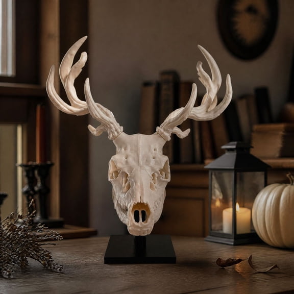 Gothic Skull Decor with 3D Printed Antler Design, Creepy Office Desk Decor for Men, Halloween Decoration