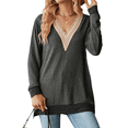 thumbnail image 2 of Blusas de Otoño para Mujer, con Escote en V, Encaje, Larga, Holgadas, con Ribete de Bloques de Color, Moda 2025 Gris Oscuro M, 2 of 10