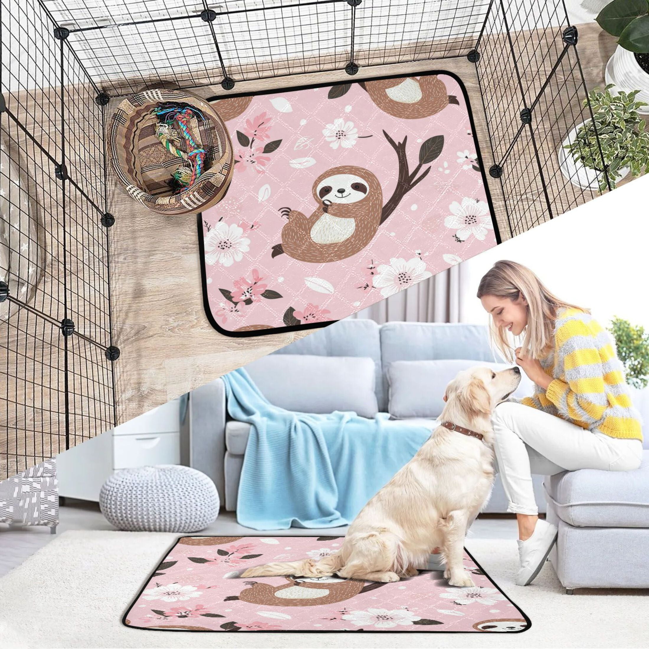 Qxltty Cute Sloth Pattern with White Floral Accents Cat litter Pads Pet Set of 2 Diaper Mats Center Anti-leakage Layer Absorbent Soft and Comfortable