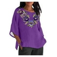 thumbnail image 2 of Fartey 3/4 Sleeve Tops for Women Plus Size Retro Floral Print Cotton Linen Shirts Soft Comfy Crew Neck Side Slit Blouses Summer Casual Breathable Beach Vacation Tops, 2 of 4