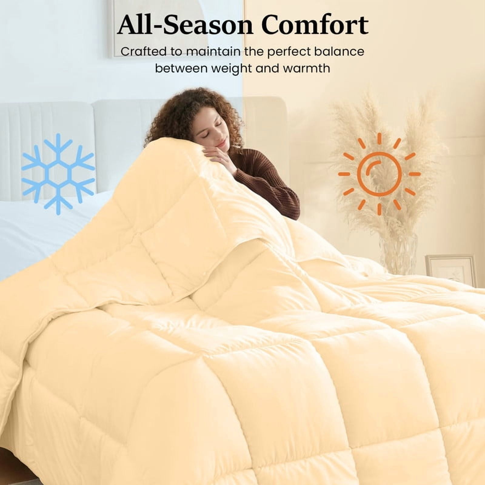 100% Cotton All-Season Comforter - Box Stitched Comforter - Bedding with Corner Tabs Machine Washable Lightweight Color Beige Solid Pattern Size Oversized Queen (98"x98")