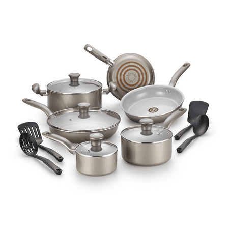 T-fal Initiatives Ceramic Cookware, 14 Piece Set, Champagne