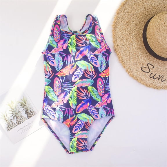 FASHOFT Girls One Piece Swimsuit Floral Print Bathing Suit for Beach Poor Girls' Swimwear Purple 9-10 Years