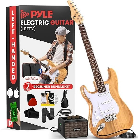 Pyle Full Size Left Handed Electric Guitar Kit with 5W Amplifier, Gig Bag, Picks, Spare Strings, and Strap, ST-Style Beginner Guitar Bundle with 22 Frets, Paulownia Wood Body, Natural-Lefty