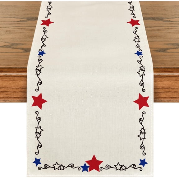 Moderong Beige Patriotic Stars Border 210 GSM 4th of July Table Runner, Memorial Day Kitchen Dining Table Decoration for Home Party Decor 13x72 Inch