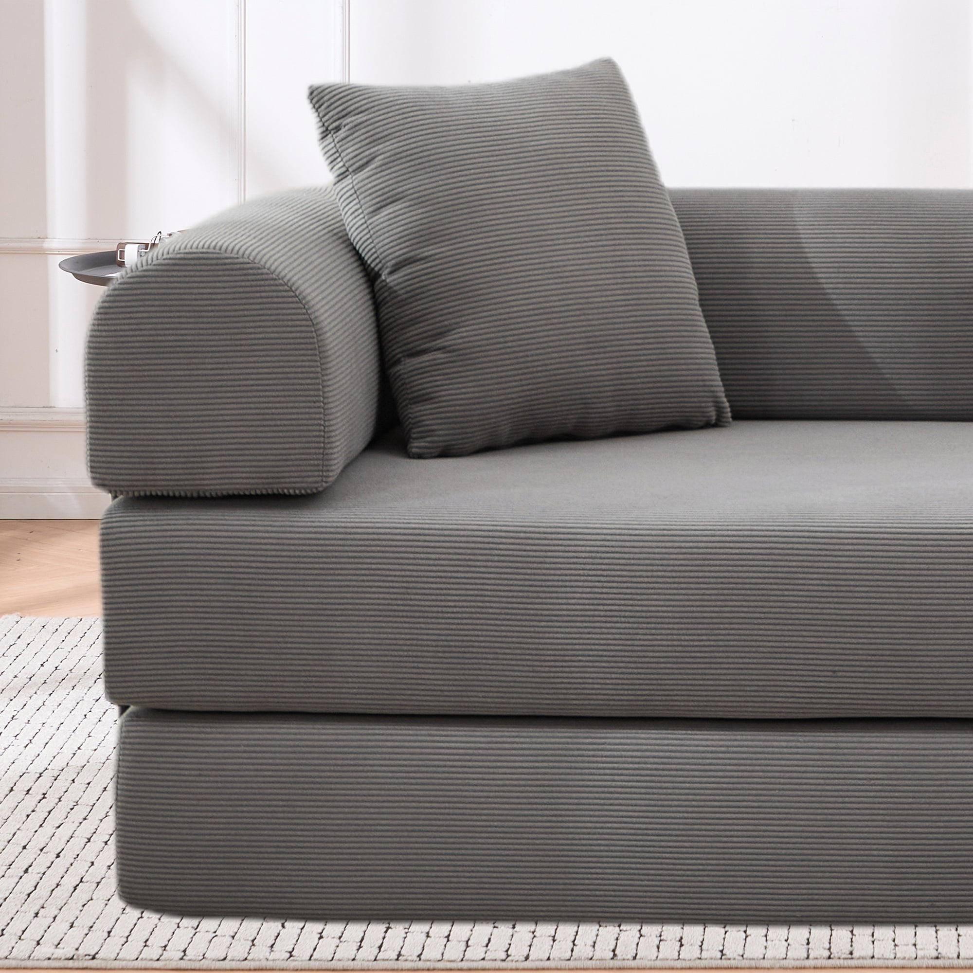 Leumius 4‑in‑1 Futon Sofa Bed,Modular Corduroy Sofa Couch with Fixed-Shape Frame & Removable Armrests,Folding Mattress Couch for Living Room, Office, Apartment,Gray