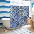 thumbnail image 5 of No Hook Shower Curtain, Vintage Boho Shower Curtains for Bathroom with See Through Top Window, Middle Century Bohemia Style Patchwork Blue Waterproof & Washable Bath Curtain Stall 48"x72", 5 of 9