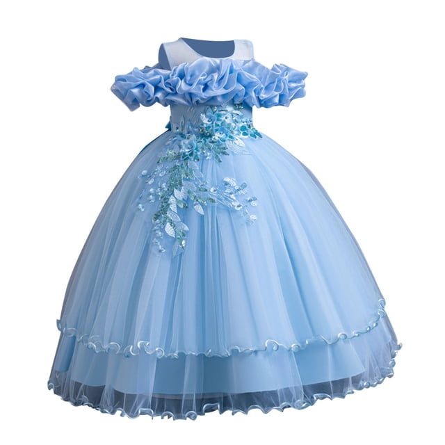 Ashirexll Robe de Performance Sans Manches pour Filles Jupe Tutu en Maille Col Rond Robe Trapèze Formelle pour Hôte Fête Tenue de Danse Âge 3-14 Ans Bleu Ciel 13 Ans