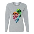 thumbnail image 2 of Trippy Neon Melting Skulls Womens Graphic Long Sleeve T-Shirt, Heather Grey, Large, 2 of 3