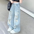 thumbnail image 2 of NOLDARES Girl's Applique Elastic High Waist Jeans Baggy Wide Leg Loose Denim Pants with pockets(Blue,4-5 Years), 2 of 6