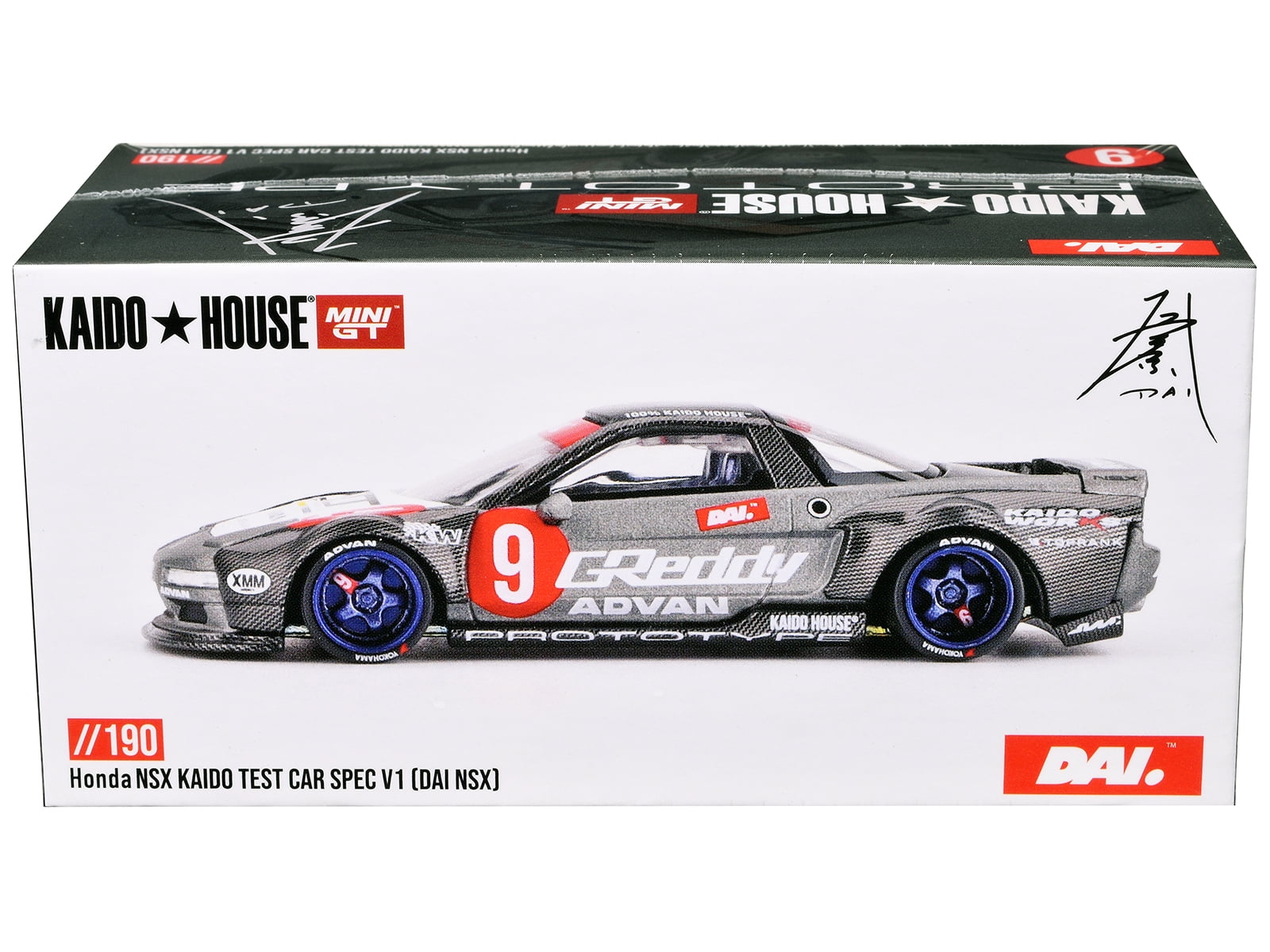 Honda NSX "Kaido Test Car Spec V1" #9 Gray Metallic with Carbon Top and Graphics "Kaido House" 1/64 Diecast Model Car by Mini GT