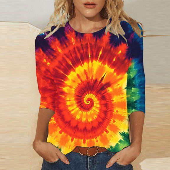 Homenesgenics Fall Tops for Women Long Sleeves Women's Printed Round Neck Three Quarter Sleeve 3/4 Sleeve T-Shirt Loose Multicolor XL