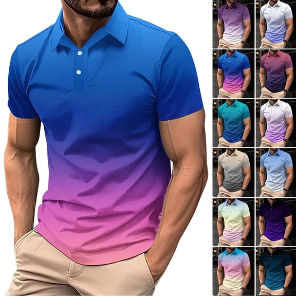 DailkTrvid Men's Gradient T-Shirt Plus Size Tee Short Sleeve Summer Blouse Loose Fit Tops Button Turn Down Collar Golf Shirt Casual Ombre Shirt