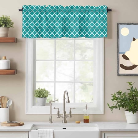 Curtain Valance for Windows Abstract Morocco Pattern Kitchen Valances Rod Pocket Short Curtains Modern Geometric on Teal Window Valance for Bedroom Bathroom Living room 54x18in