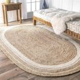 thumbnail image 1 of Natural Fiber Braided Oval Rug - Vintage Area Rug Handmade with Jute & Sisal (8x10 feet, Brown + White Line), 1 of 3
