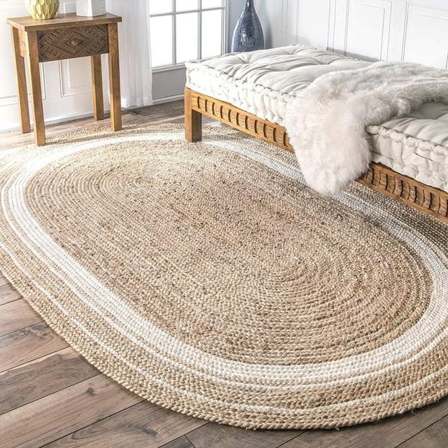 Natural Fiber Braided Oval Rug - Vintage Area Rug Handmade with Jute & Sisal (8x10 feet, Brown + White Line)