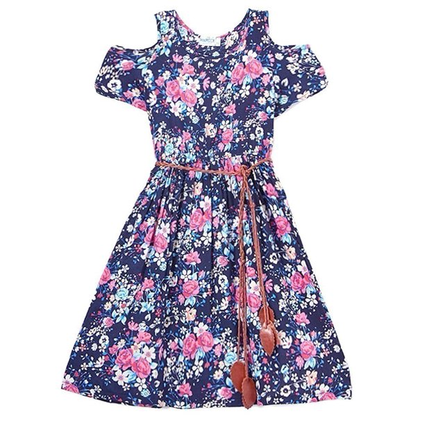 Mini Moca - Mini Moca Girls Navy Floral Print Cold-Shoulder Belted ...