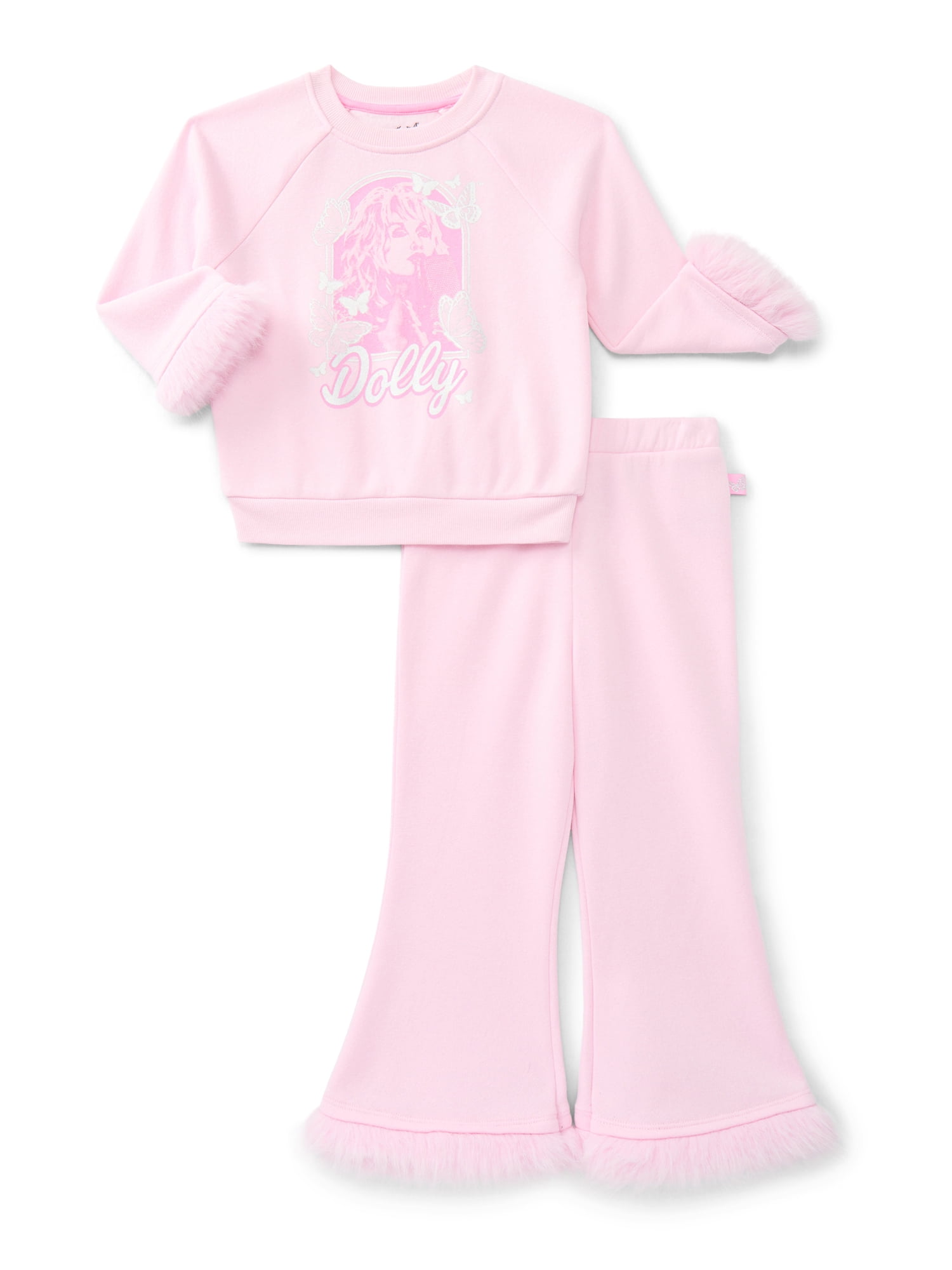 Dolly Parton Baby and Toddler Girls Faux Fur Trim Graphic Sweatshirt and Flare Pants Set, 2-Piece, Sizes 12M-5T
