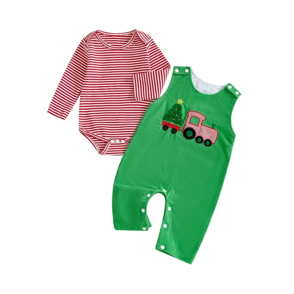 Miaouyo Infant Baby Girls Boys Christmas Fall Outfit 0 3 6 12 18 Months Stripe Long Sleeve Romper Tree Truck Embroidery Overalls Pants 2 Piece Set