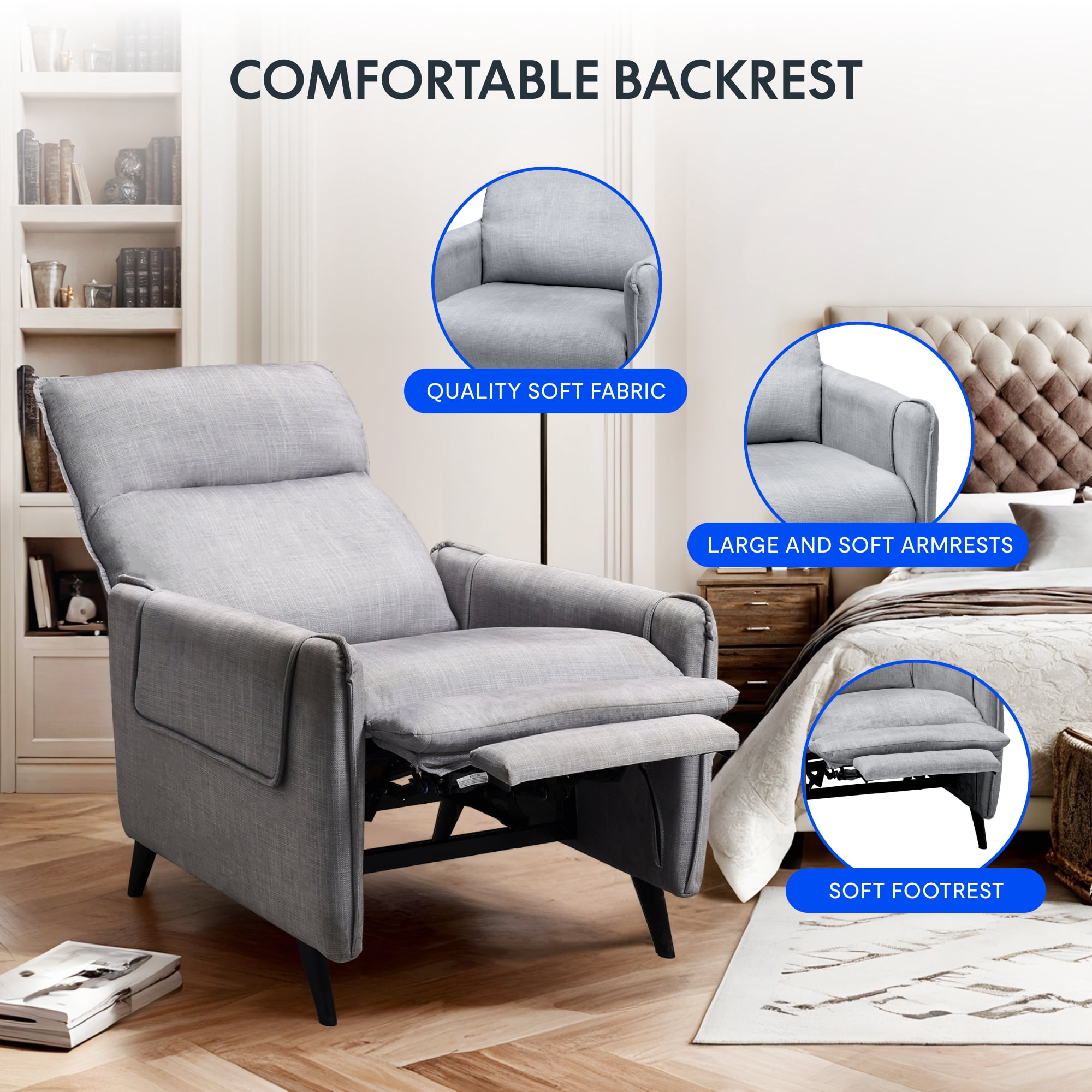 FlexiSpot Massage Push Back Recliner Chair for Living Room, Single Reclining Sofa Chair,Width 22",Small Recliners for Small Spaces,Comfortable flannel fabric with a lustrous feel,Gray