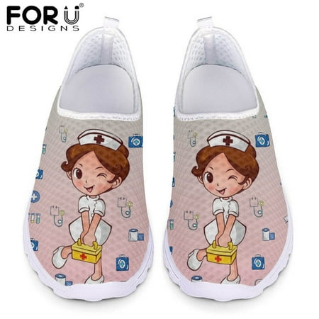 

FORUDESIGNS Cute Cartoon Nurse Pattern Ladies Slip-on Flat Shoes Mesh Sneakers Shoe Female Lightweight Slip-on Loafers Footwear