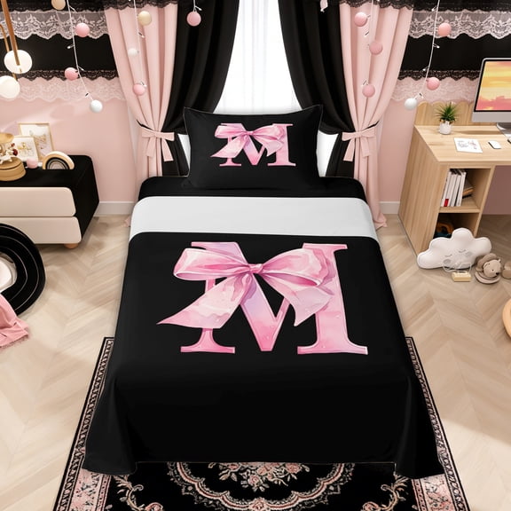 Manfei Watercolor Bow Letter M Twin Sheet Sets for Girls, Black Pink Initial Bedding, 3pcs