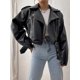 thumbnail image 3 of -Chaqueta corta de piel sintética para mujer, abrigo negro con cremallera y cinturón, ropa de calle para motorista, novedad de primavera, 3 of 5