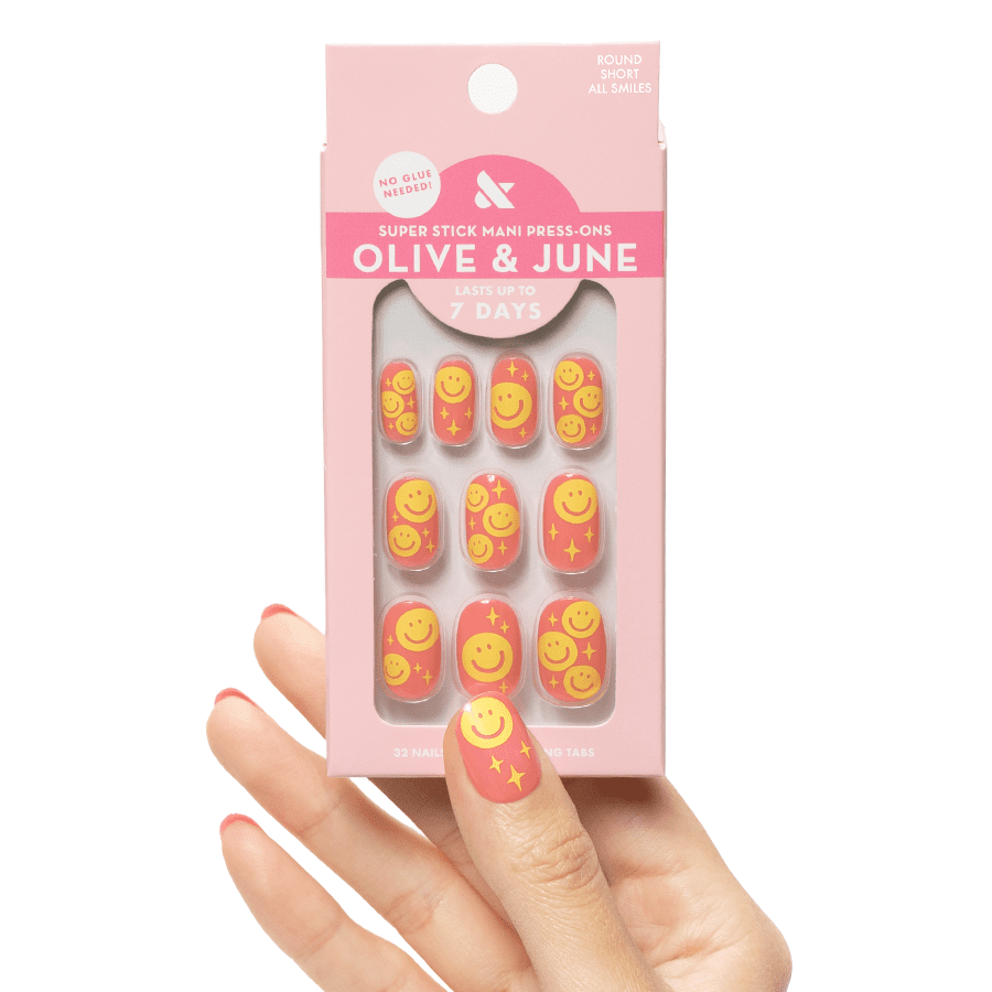 Olive & June Super Stick Mani Round Short Press-On Tabs, Happy All Over, 32 Pieces