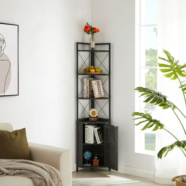 Corner Shelf 5Tier with Storage，Corner Bookshelf Stand Storage Rack(Dark Grey