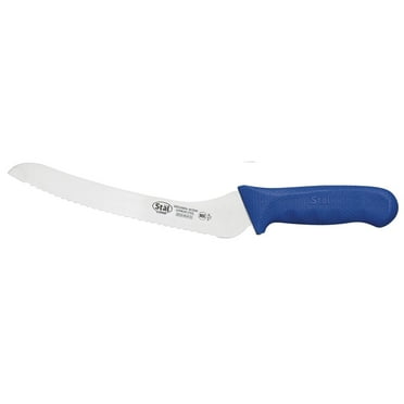Winco KWP-92U Stl Stamped Cutlery Offset Bread Knife 9" Stainless Steel Blade, Wavy Edge, Blue Plastic Handle