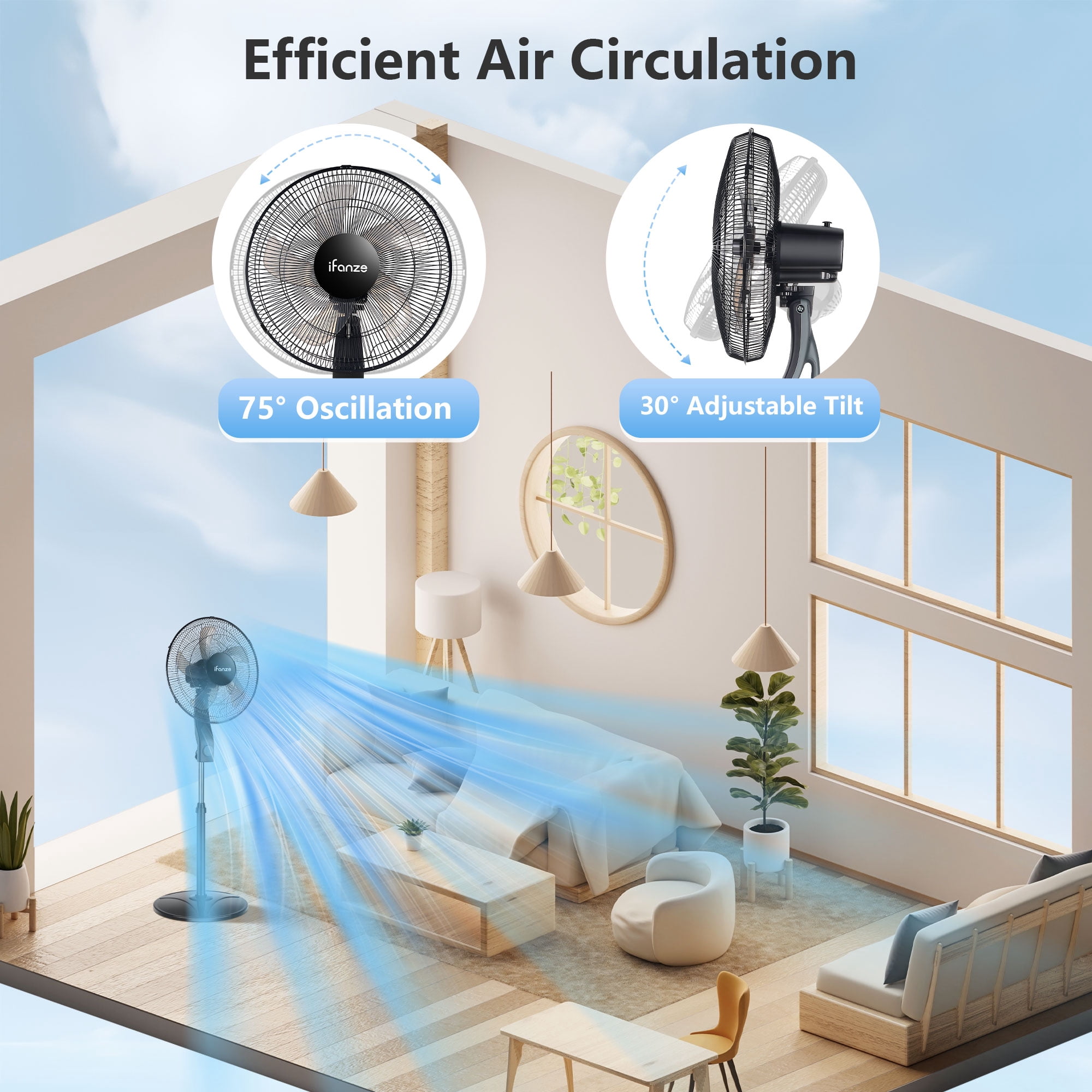 16" Oscillating Pedestal Fan, 5 Blades 3 Speeds Quiet Stand up Fan, Easy to Carry Adjustable Height and Tilt Electric Standing Fan for Home Bedroom, Black