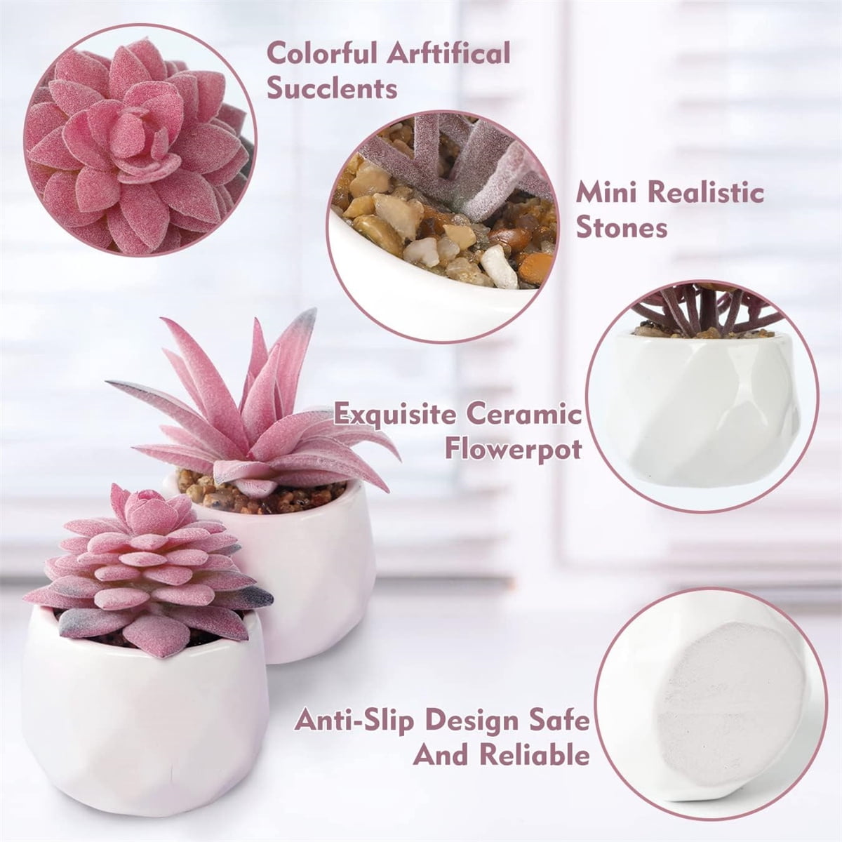 Happon 4Pcs Succulent Artificial Plants,Mini Fake Succulents Plants with Pots,Small Fake Plants for Office Decor,Desk Decor,Home Decor,Indoor Fake Simulation Plants with Pots(Pink)