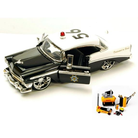 Diecast Car & Mechanic Set Package - 1956 Chevy Bel Air Highway Patrol Car, Black & White - Jada Toys Heat 96390 - 1/24 scale Diecast Model Toy Car w/Mechanic Set