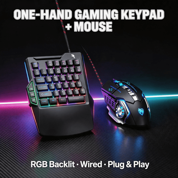 One Handed Gaming Keyboard and Mouse Combo, 35 Keys RGB Backlit Wired Keypad Set for PC Laptop Computer