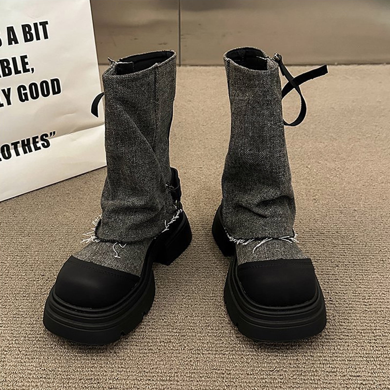 Hvyesh Fold Over Denim Boots for Women Lug Sole Chunky