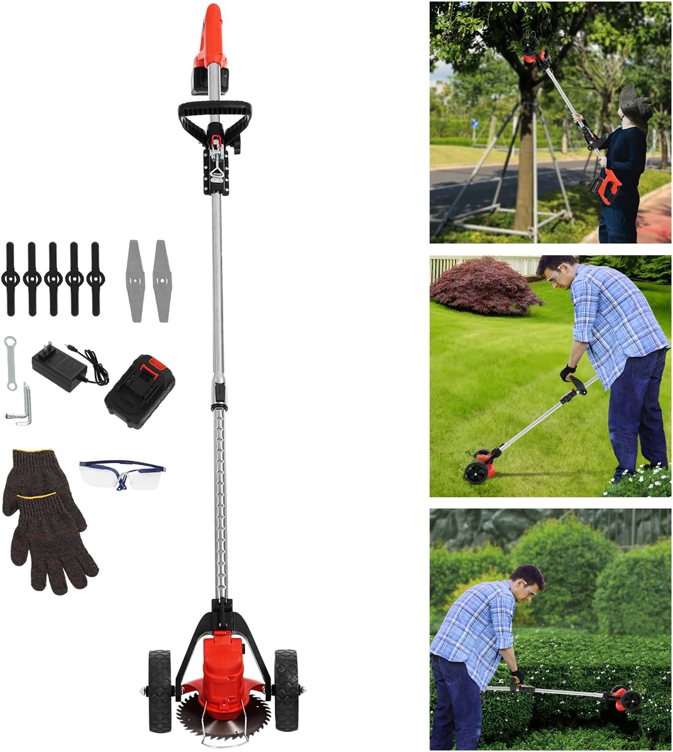 Cordless Weed Trimmer 21V 800W - Electric Lawn Trimmer with 2 Batteries, Cordless Weed Wacker,5.9" Metal Blade, Adjustable 47-59" Pole for for The Garden and Yard