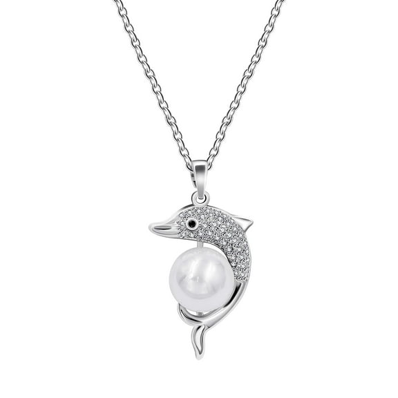 Uloveido Platinum Plated Pearl Dolphin Necklace Women's CZ Pave Dolphin Necklace Valentines Jewelry Gifts for