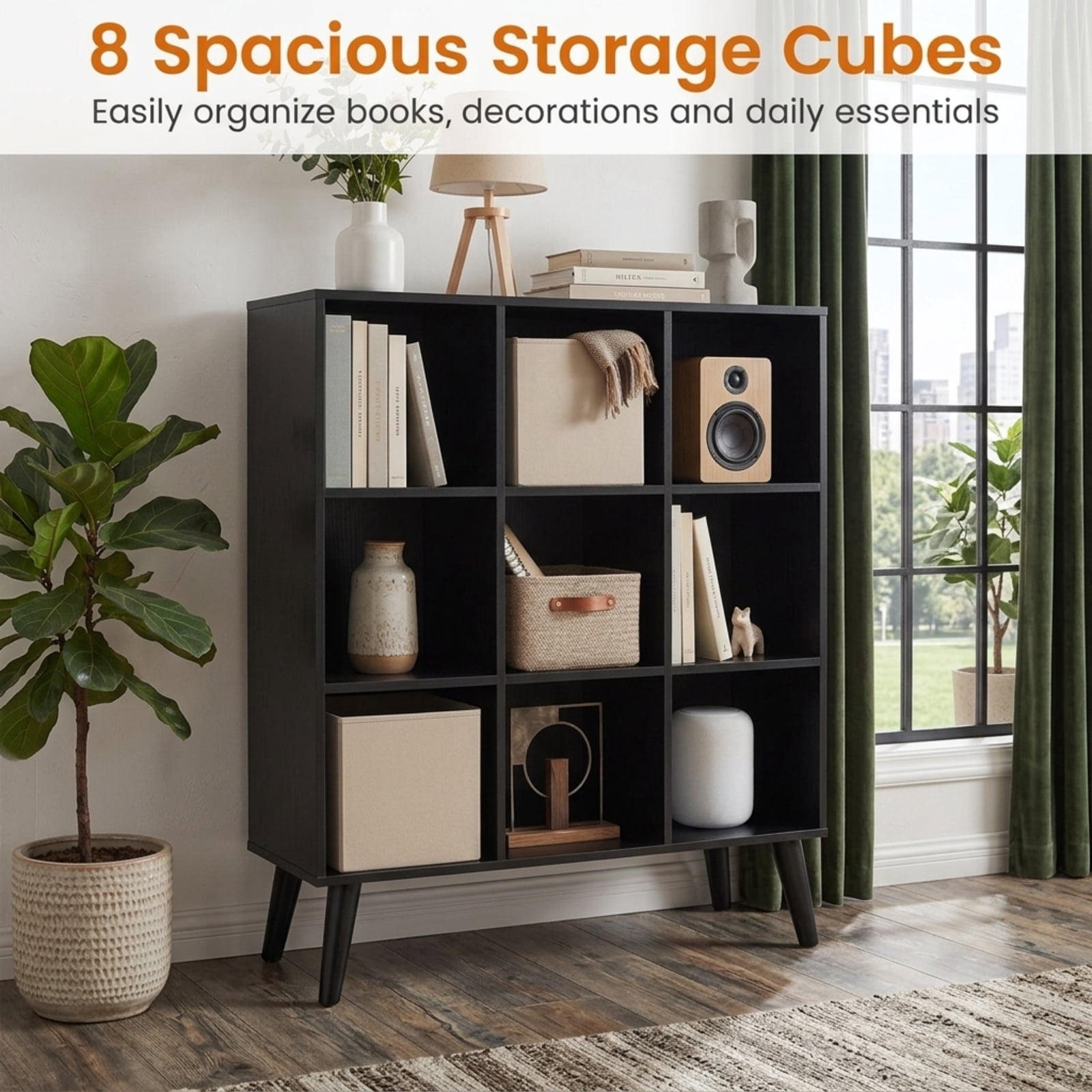 Furnibear 8-Cube Bookcase with Raised Support Legs and 2 Anti-Tipping Kits Freestanding Wood Storage for Study and Living Room, Rustic Brown